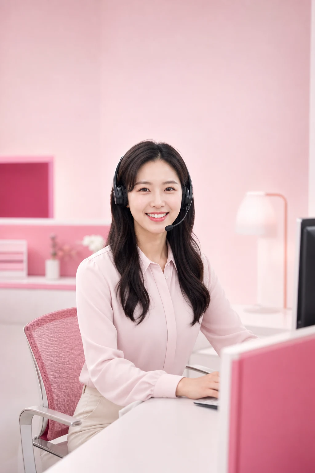 티머니현금화 다음머니 24시간 전화 문자 상담을 안내하는 헤드셋 여성 상담원 인물